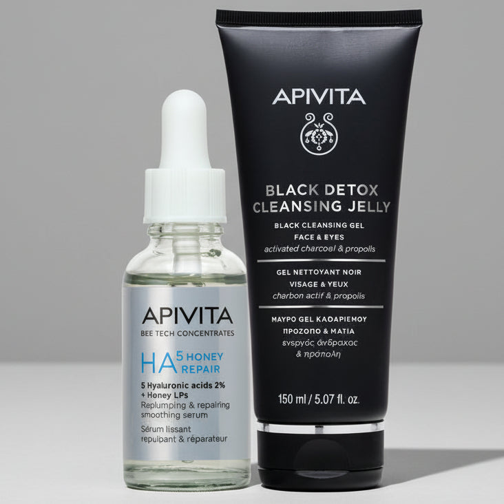 Kit BLACK HONEY Apivita Suero HA5 Honey Repair x 30ml GRATIS Black Detox Gel Limpiador X 150ml