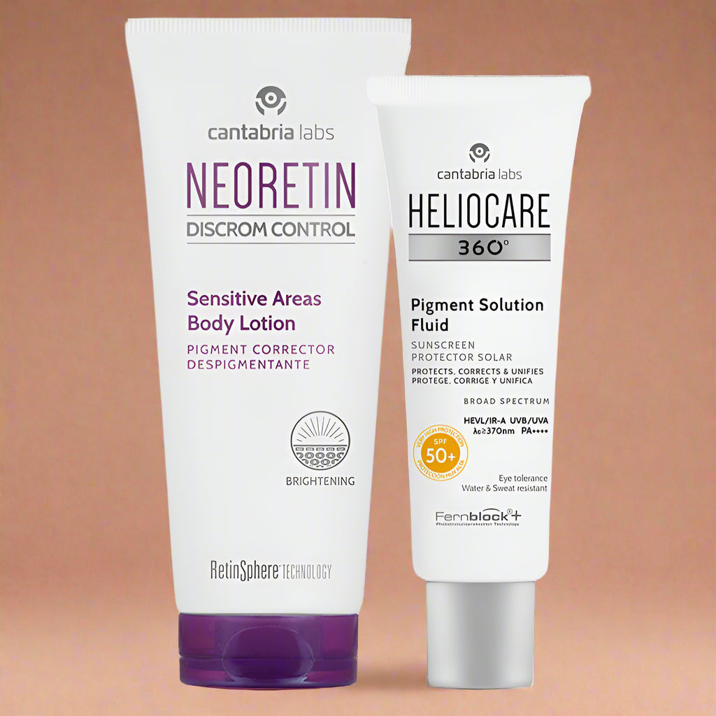 Kit ANTIMANCHAS CARA Y CUERPO 2x1 Neoretin Áreas Sensibles x 100ml GRATIS Heliocare 360 Pigment Protector Solar