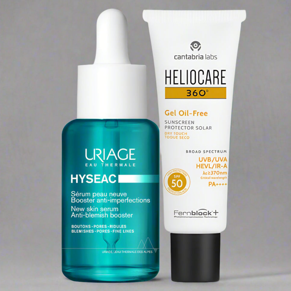 Kit ADIOS GRANOS compra Uriage Hyséac Suero GRATIS Heliocare 360° Toque Seco