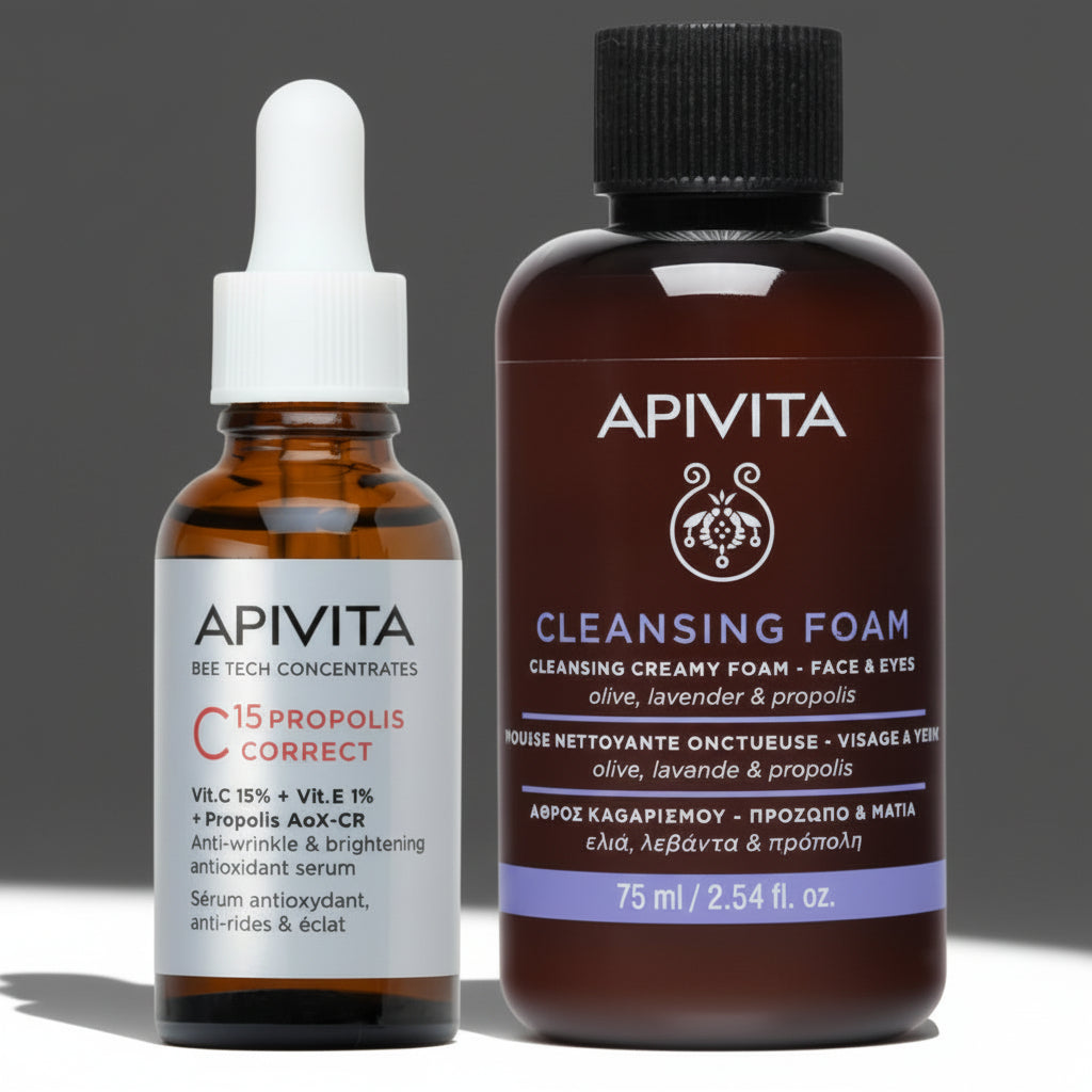 Kit CARA-CUERPO Apivita Suero C15 Propolis Correct GRATIS espuma limpiadora minitalla x 75ml