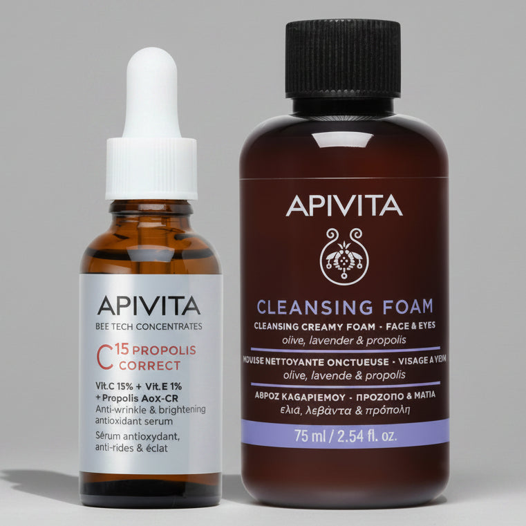 Kit CARA-CUERPO Apivita Suero vitC15 Propolis GRATIS espuma limpiadora X 75ml